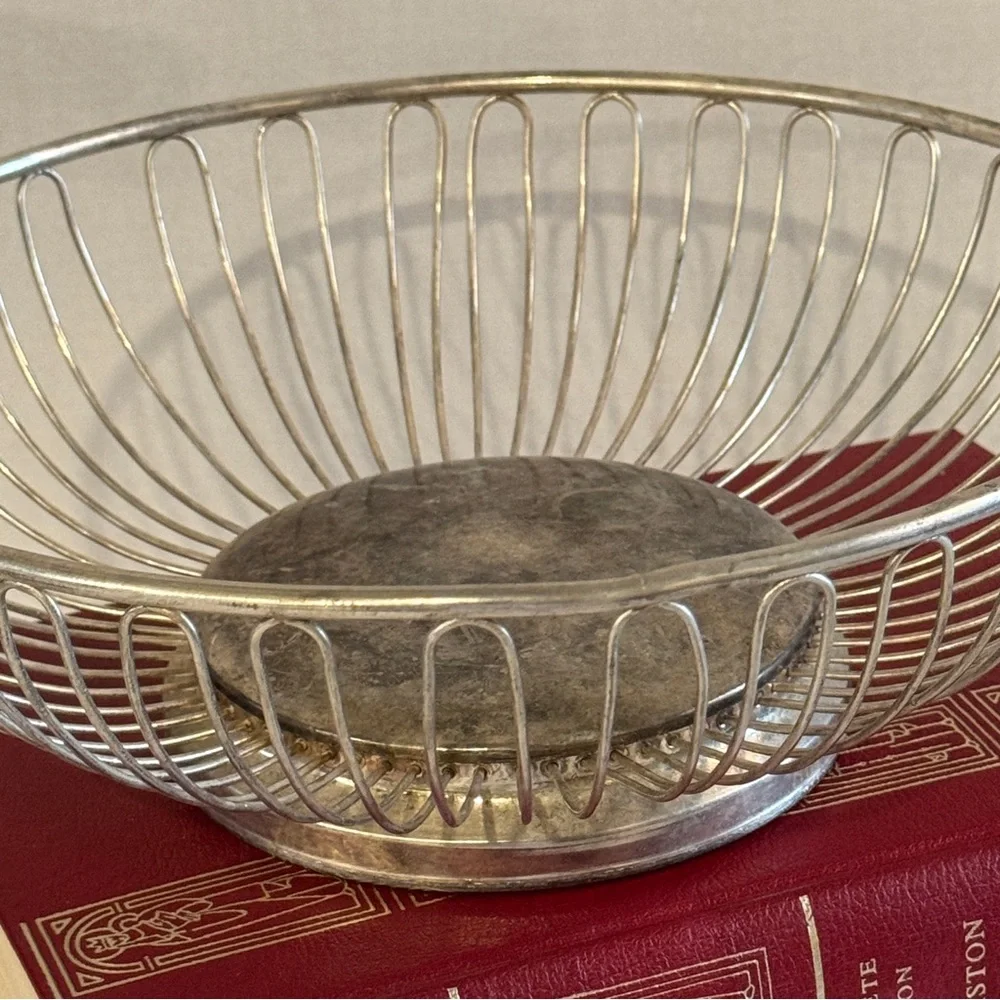Vintage Silver Plated on Steel Wire Fruit Basket Mid-century Modern Cottagecore